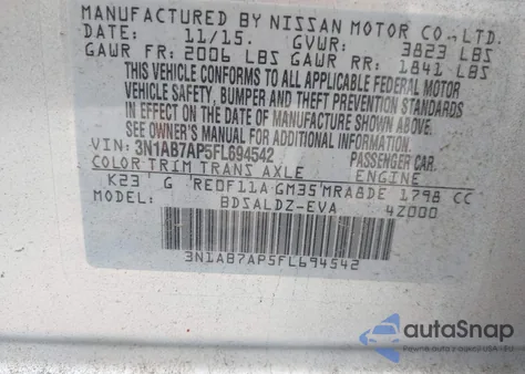 2015 Nissan Sentra Sv z USA, uszkodzony, nr VIN 3N1AB7AP5FL694542